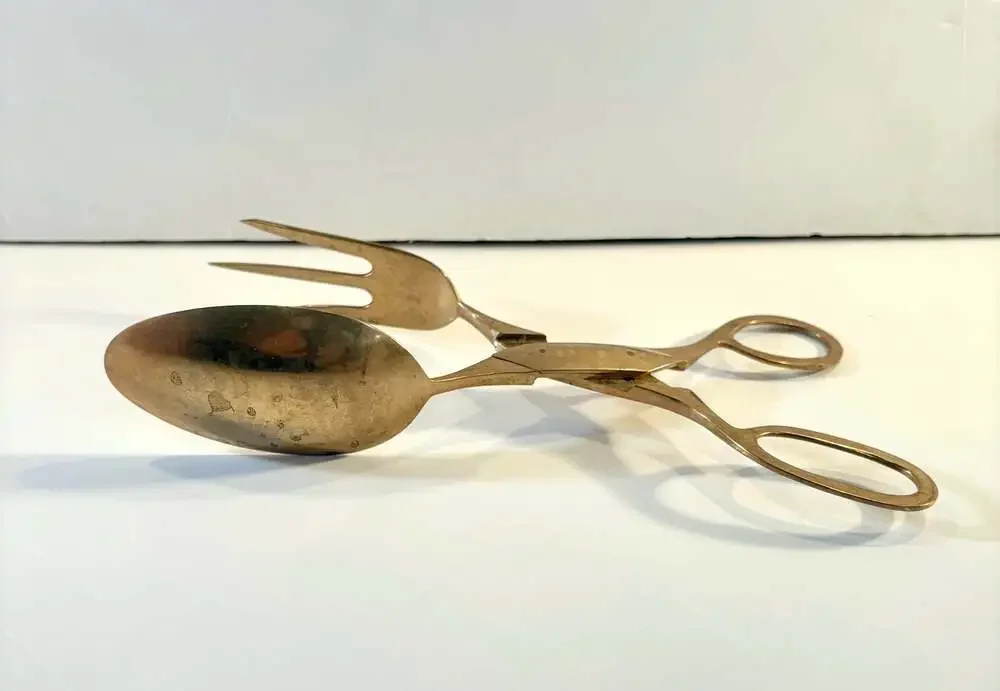 Vintage Scissor-Style Salad Serving Tongs Spoon and Fork Set